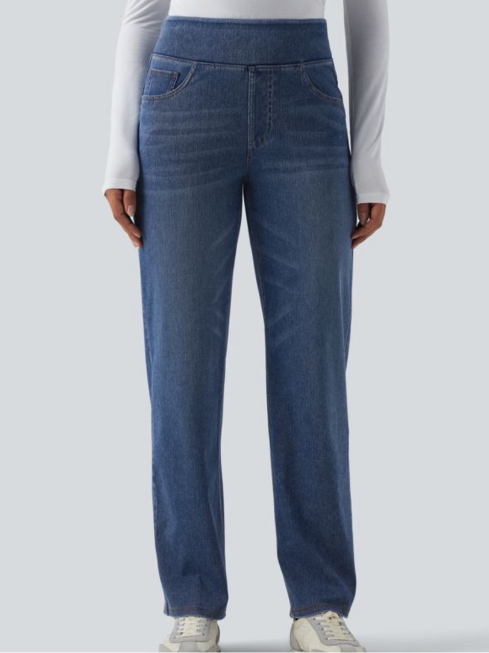Halara Flex High Waisted Pockets Straight Leg Washed Casual Jeans Large Blue